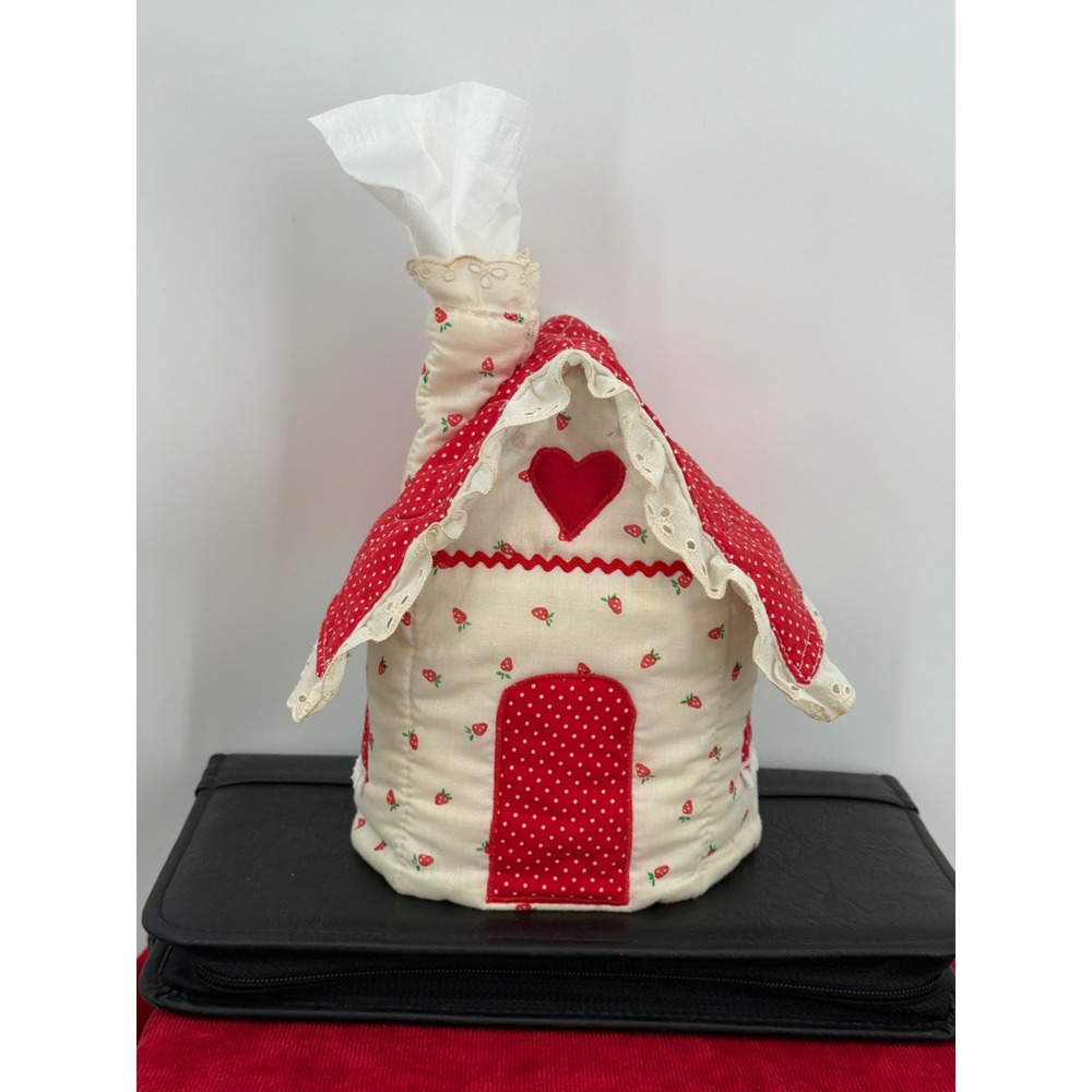 Vtg Cottagecore Quilted Fabric House Tissue Box Cover Strawberry Heart Butterfly